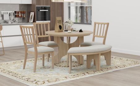 TREXM 5-Piece Dining Table Set, 44" Round Dining Table with Curved Bench & Side Chairs for 4-5 People for Dining Room and Kitchen (Natural Wood Wash)